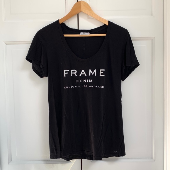 FRAME Denim Black V-Neck Logo Tee - Picture 2 of 7